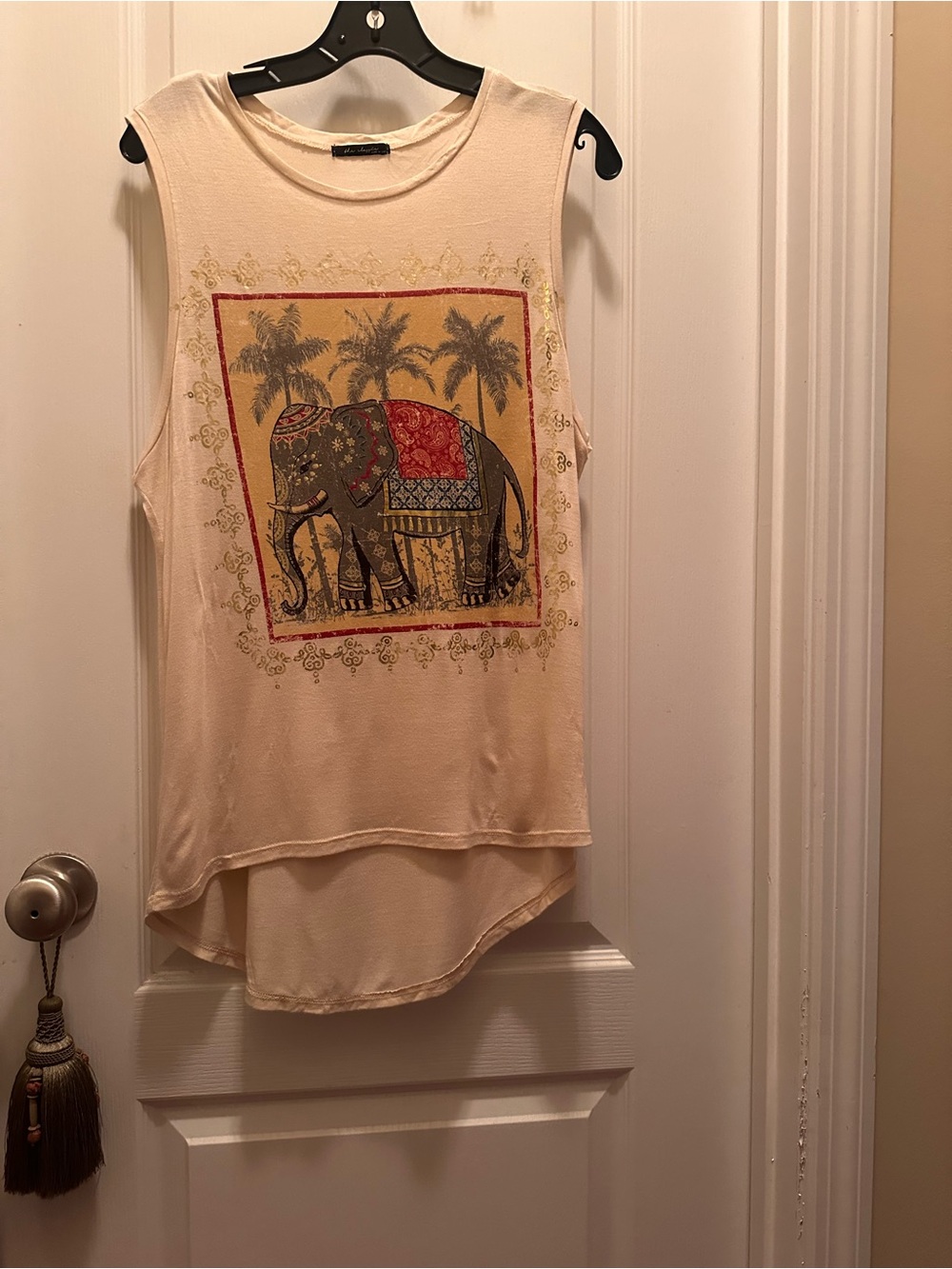 The Classic Cream Elephant Palm Graphic Muscle Tee with Red & Blue Accents